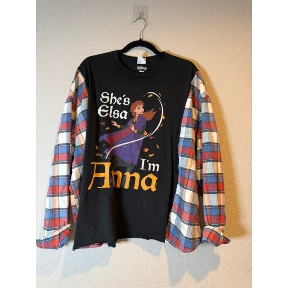 Disney Frozen Anna Graphic Plaid Upcycled Mixed Media Long Sleeve Top OOAK O/S